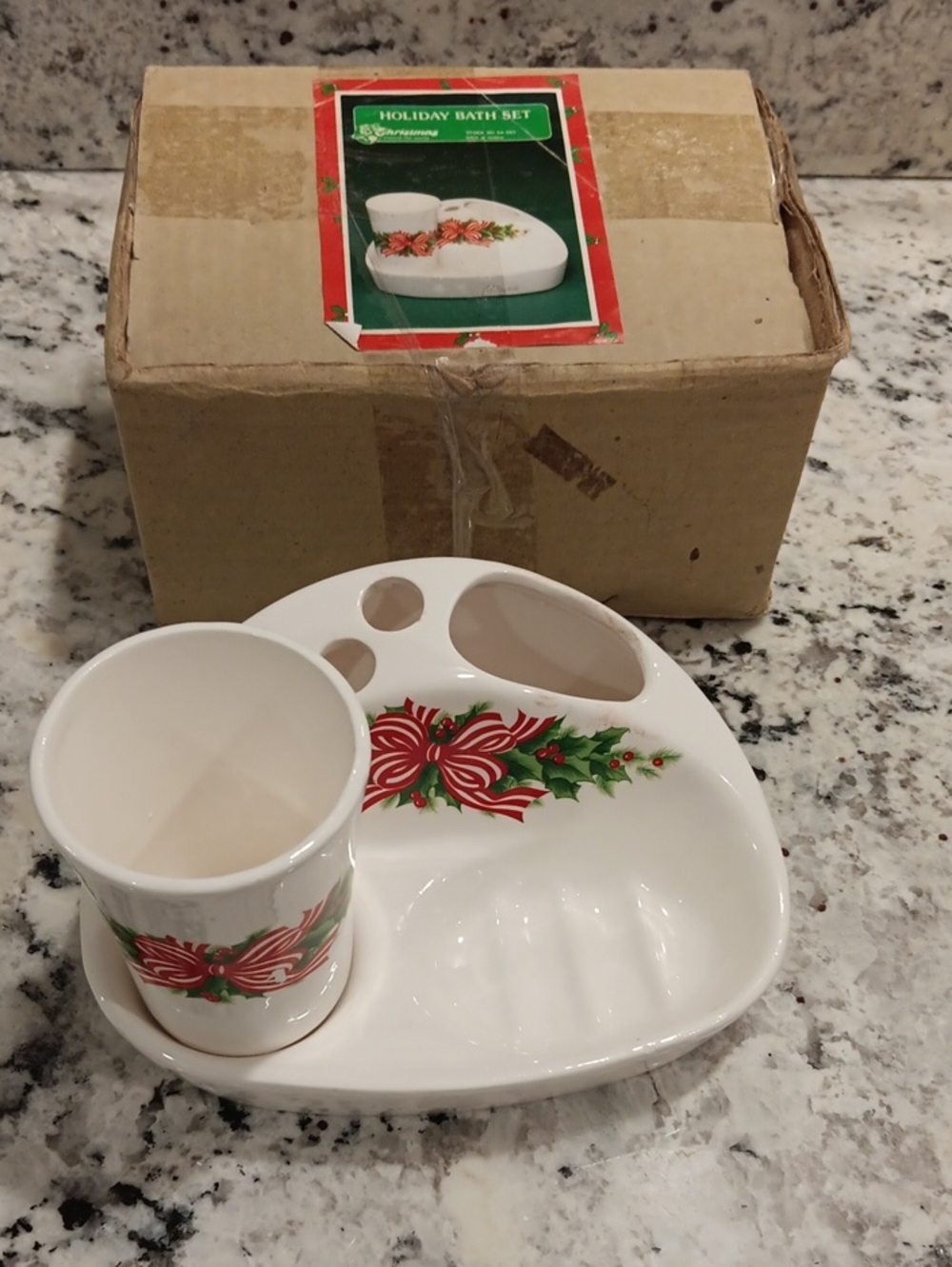 Vintage 80's-90's Holiday Bath Set Ceramic Soap Dish & Cup